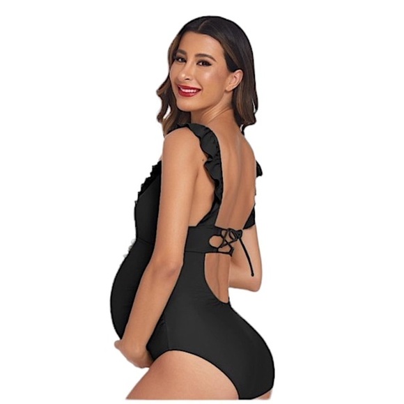 Zoila Maternity Swimsuit One Piece Ruffled V-Neck Black Strappy Back Siz… - Picture 4 of 10